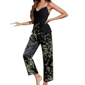 black and gold floral silk camisole top and pants set size M